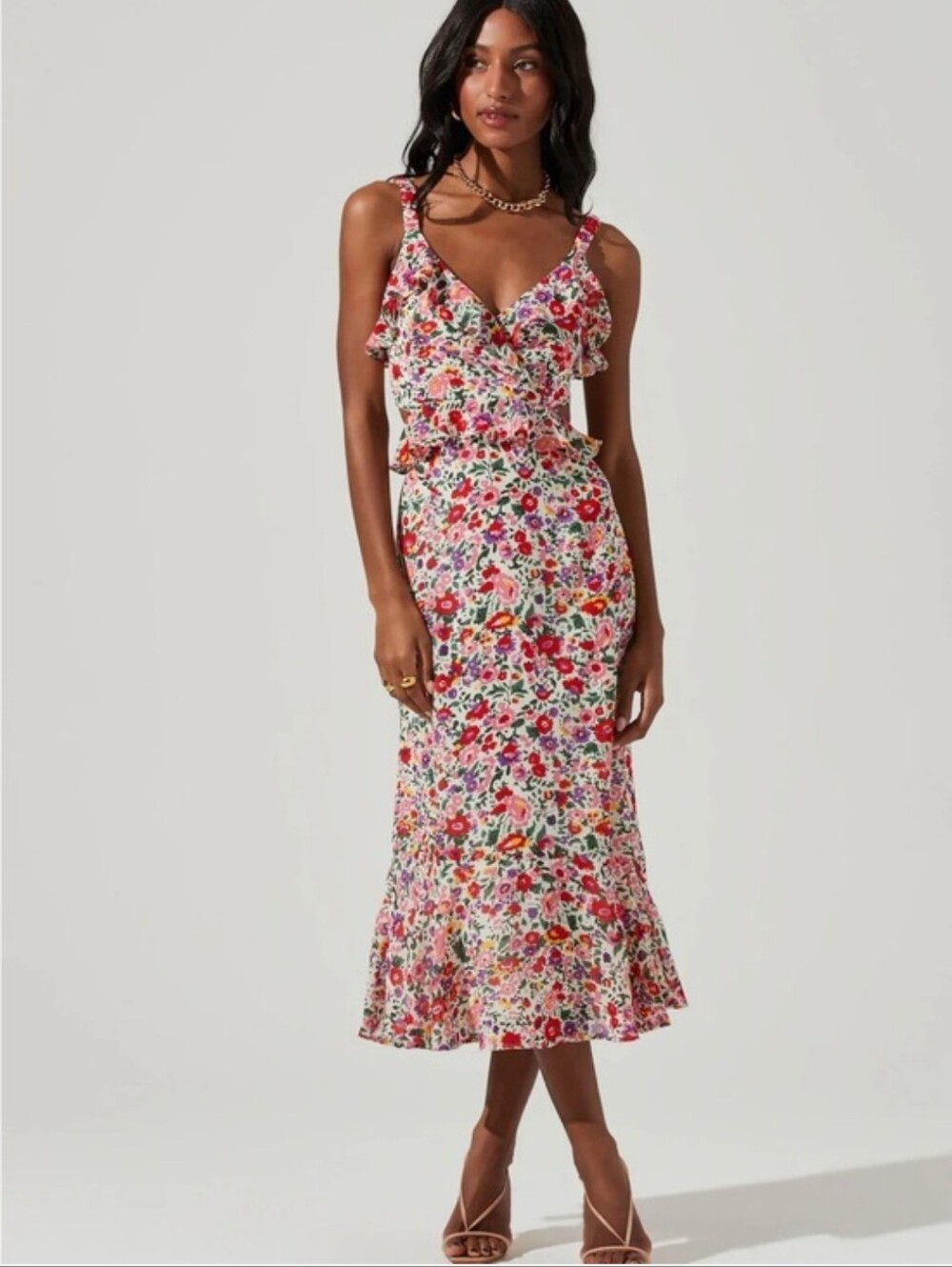 ASTR The Label Wild Floral Print Midi Dress in White, Pink & Red